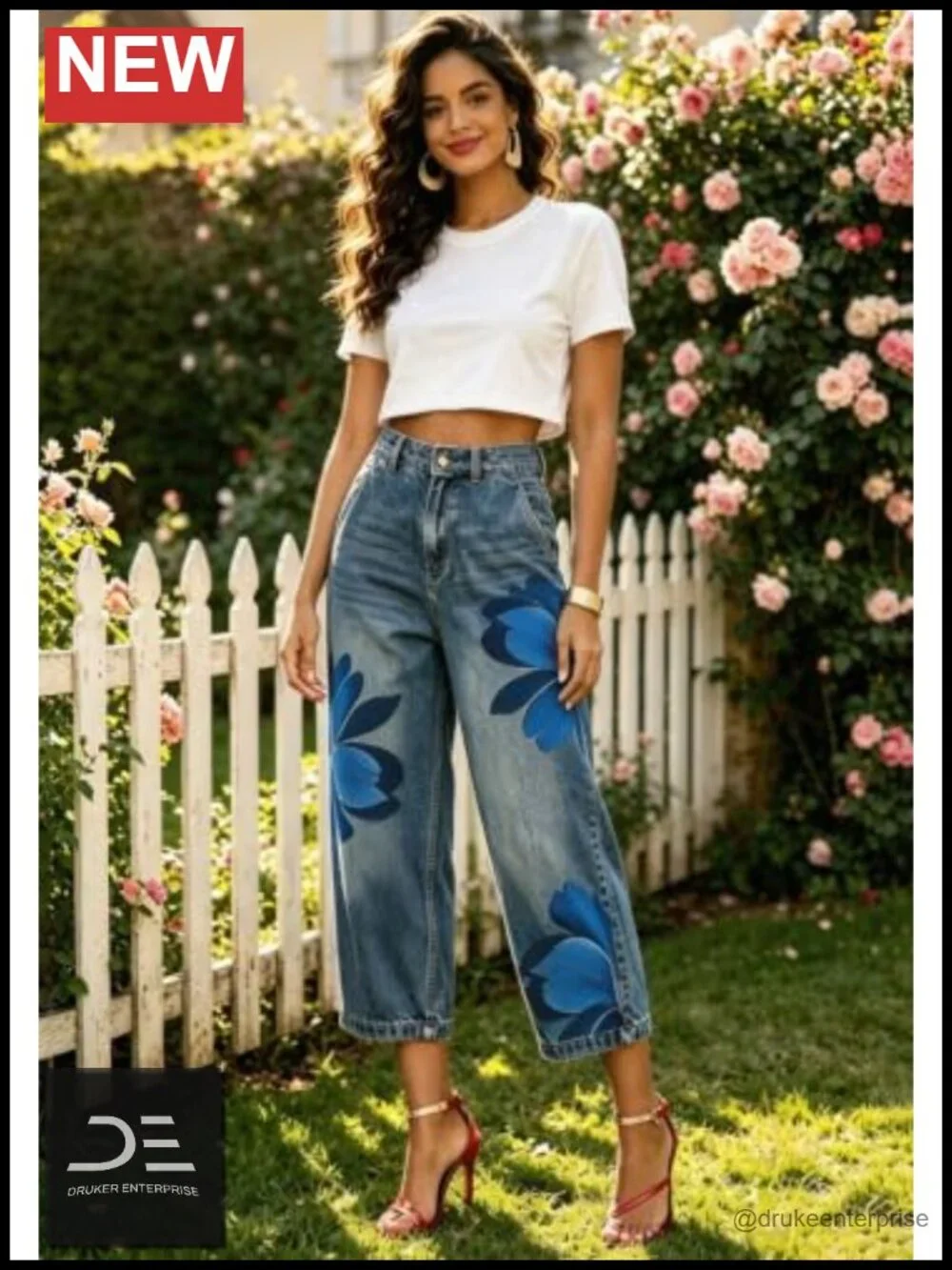 Unbranded Women Barrel Capri Jeans Floral Wide Leg Cropped Cargo Denim Pants
